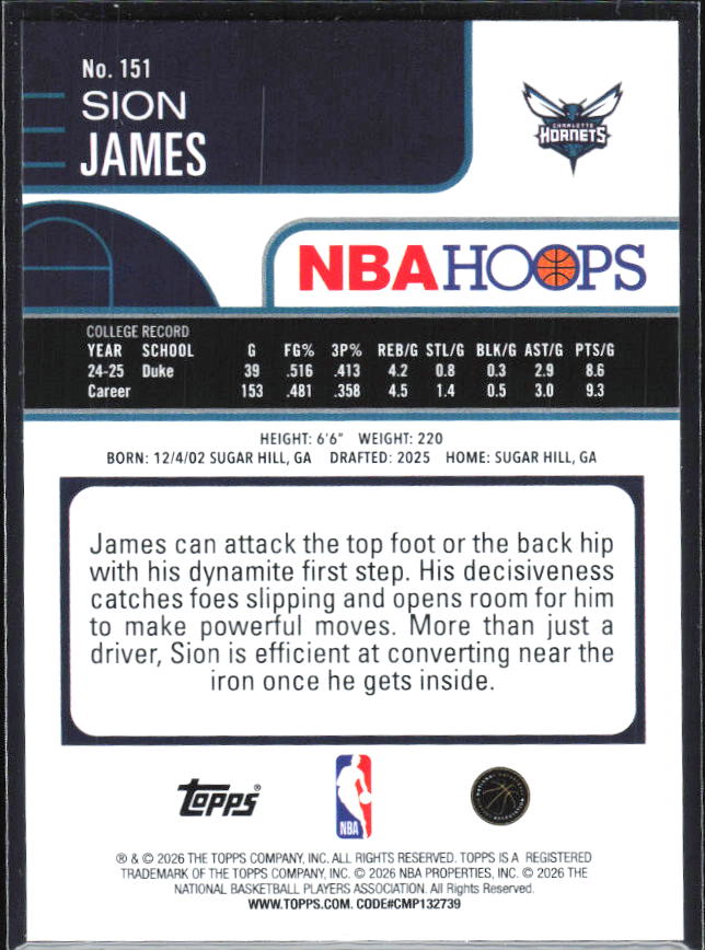 Sion James 2025-26 NBA Hoops RC #151 – baksida