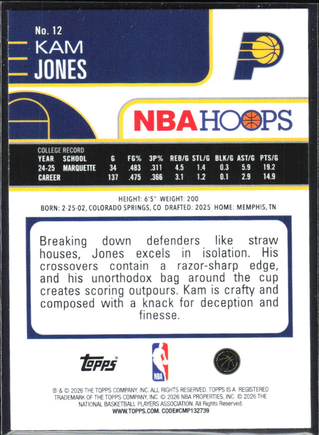 Kam Jones 2025-26 NBA Hoops RC #12 – baksida