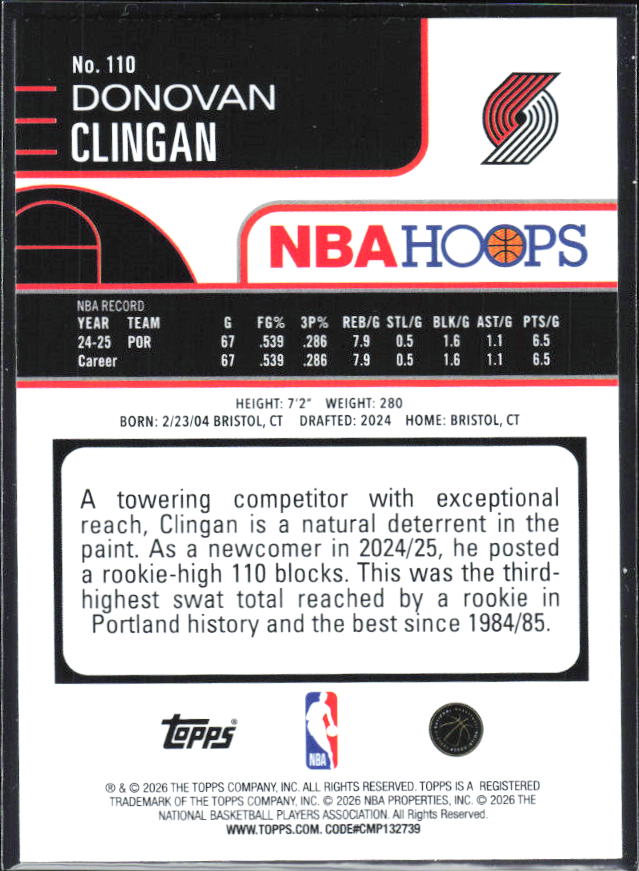 Donovan Clingan 2025-26 NBA Hoops #110 – baksida