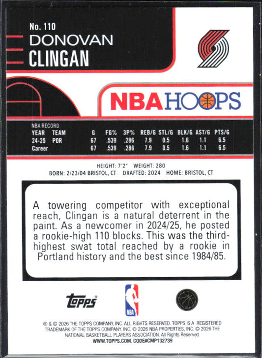 Donovan Clingan 2025-26 NBA Hoops #110 – baksida