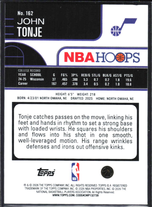 John Tonje 2025-26 NBA Hoops RC #162 – baksida