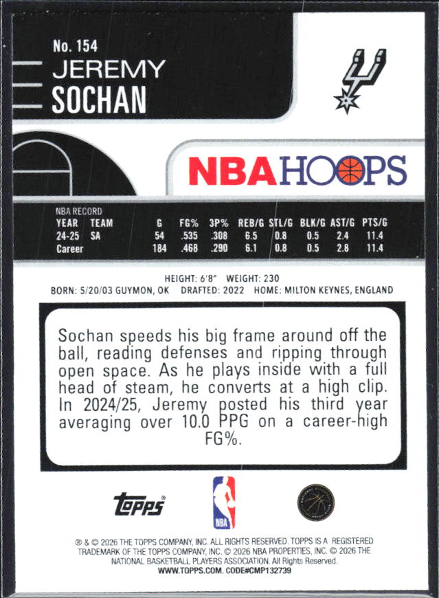 Jeremy Sochan 2025-26 NBA Hoops #154 – baksida