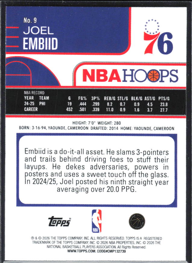 Joel Embiid 2025-26 NBA Hoops #9 – baksida
