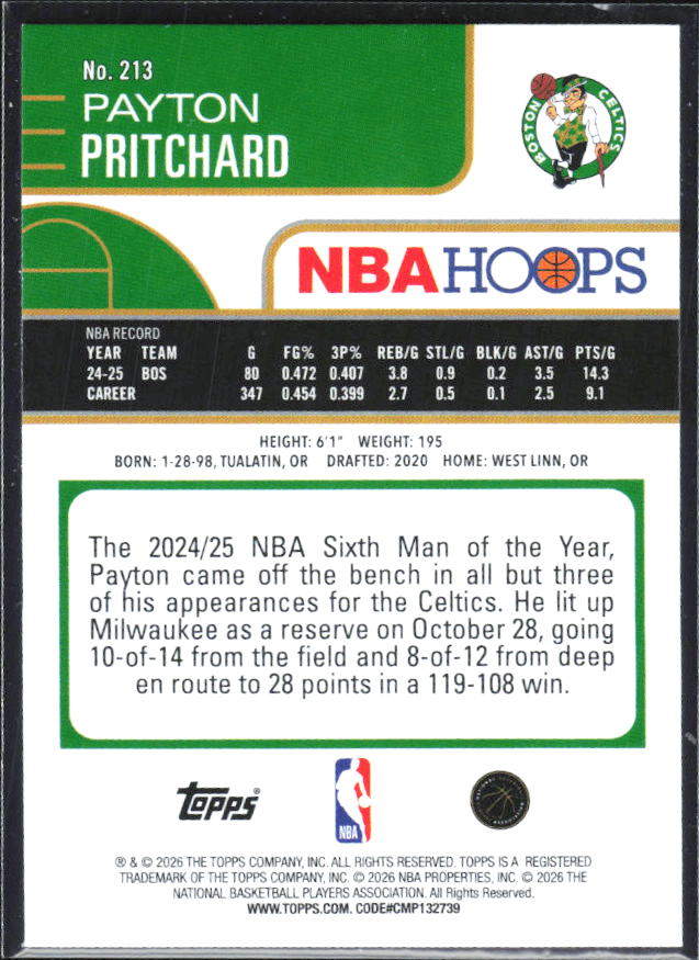 Payton Pritchard 2025-26 NBA Hoops #213 – baksida