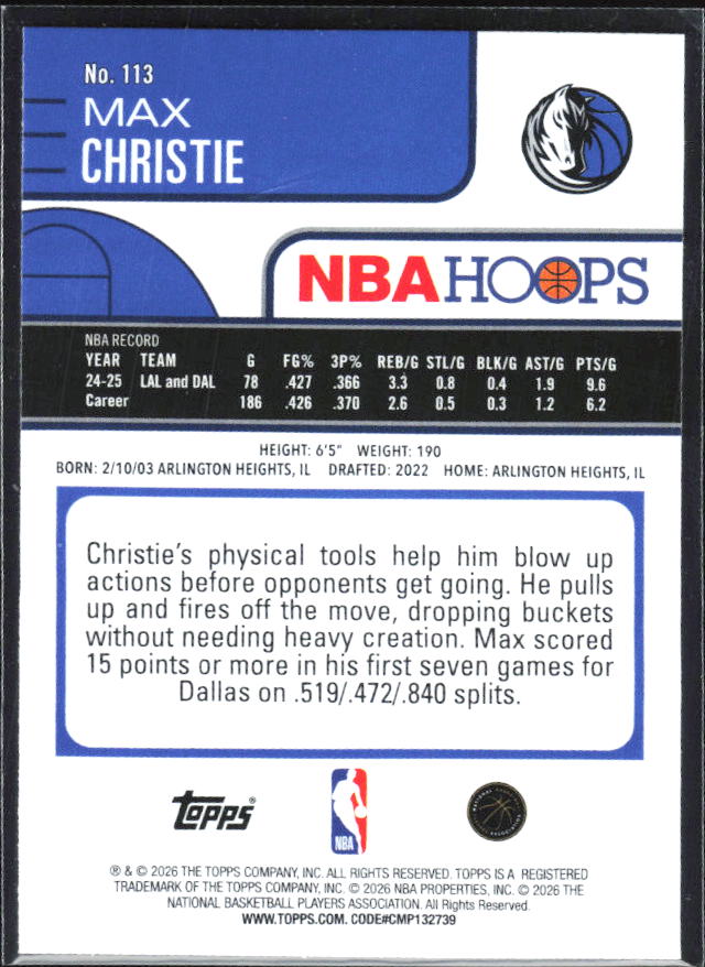 Max Christie 2025-26 NBA Hoops #113 – baksida
