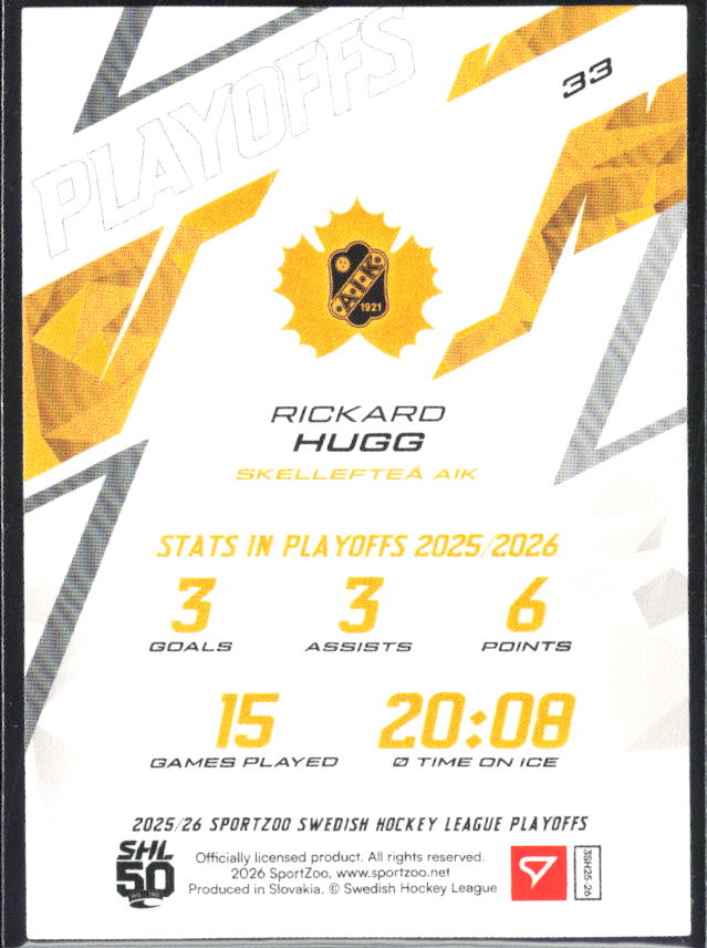 Rickard Hugg 2025-26 SHL Playoffs #33 – baksida