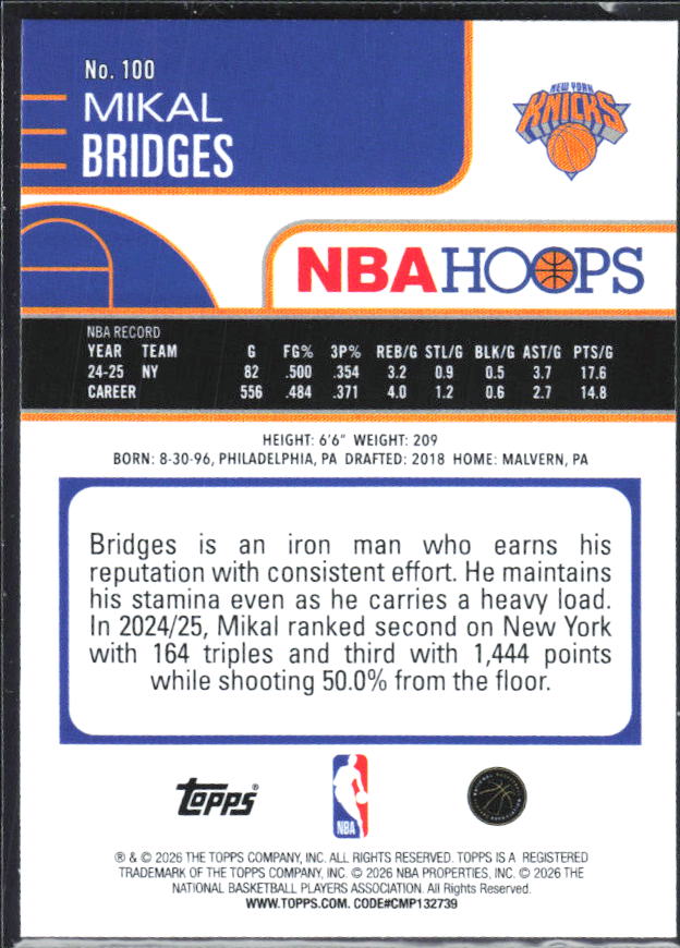 Mikal Bridges 2025-26 NBA Hoops #100 – baksida