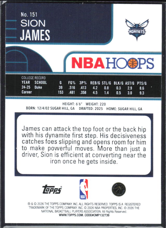 Sion James 2025-26 NBA Hoops RC #151 – baksida