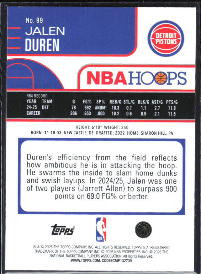 Jalen Duren 2025-26 NBA Hoops #99 – baksida
