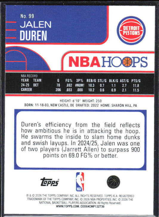 Jalen Duren 2025-26 NBA Hoops #99 – baksida