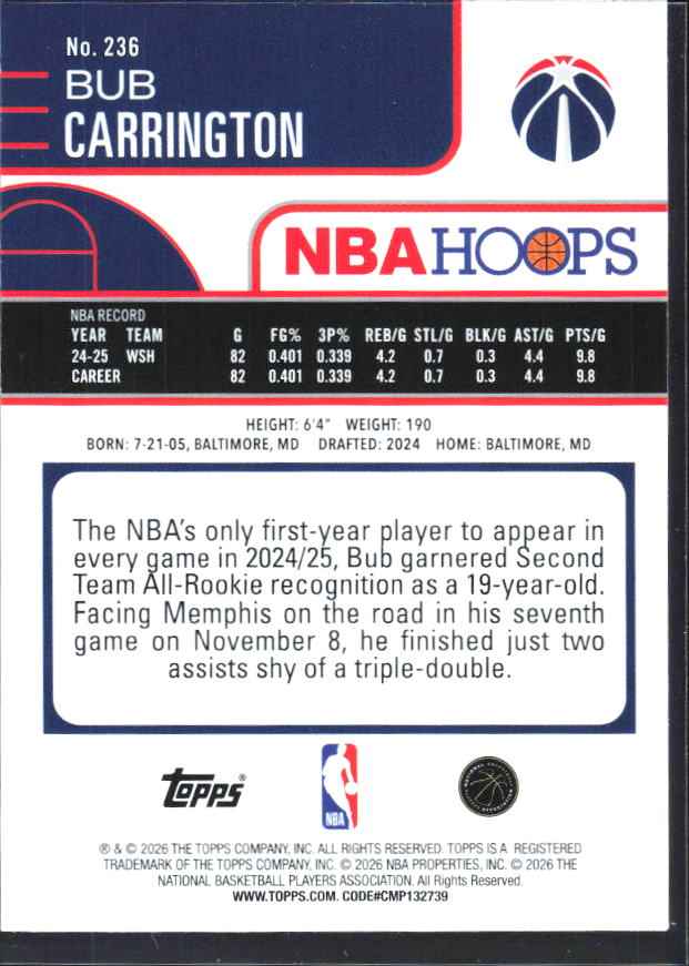 Bub Carrington 2025-26 NBA Hoops #236 – baksida