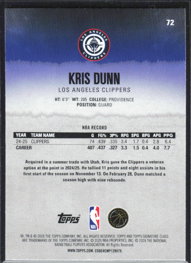 Kris Dunn 2025-26 Signature Class #72 – baksida