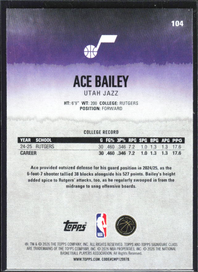 Ace Bailey 2025-26 Signature Class RC #104 – baksida