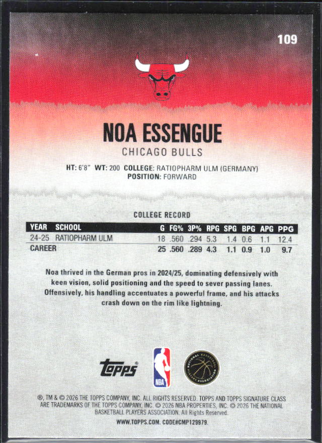 Noa Essengue 2025-26 Signature Class RC #109 – baksida