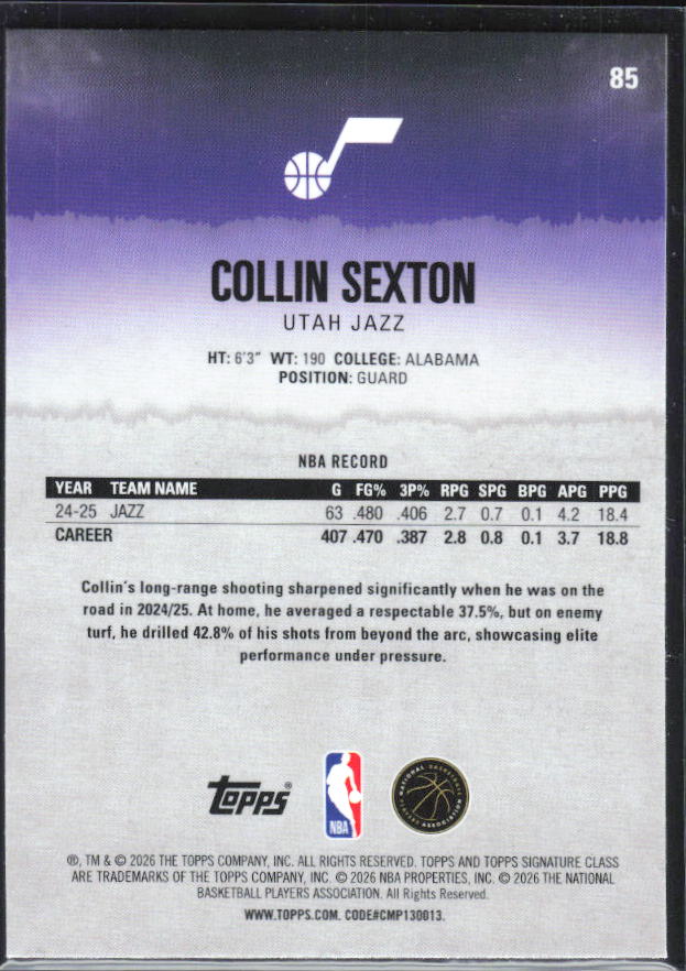 Collin Sexton 2025-26 Signature Class #85 – baksida