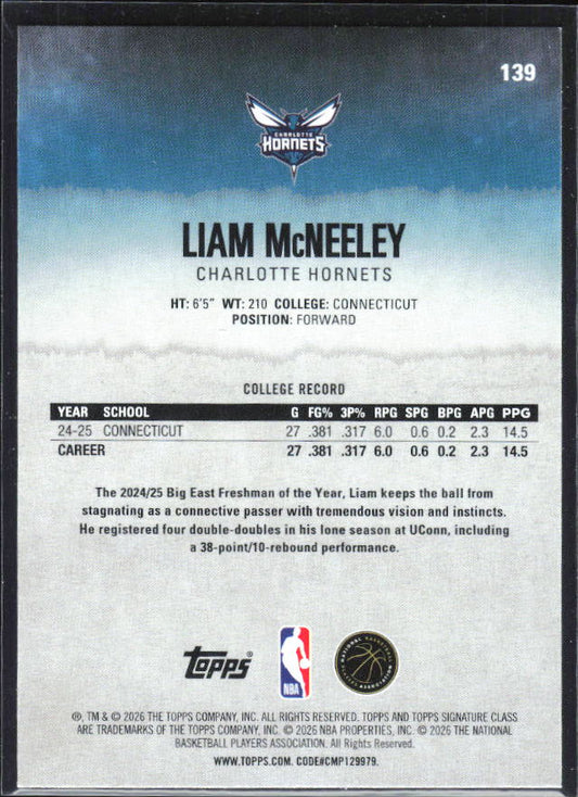 Liam McNeeley 2025-26 Signature Class RC #139 – baksida