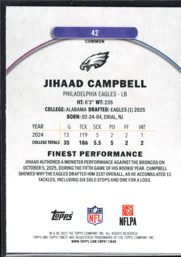 Jihaad Campbell 2025 Finest Common RC #42 – baksida