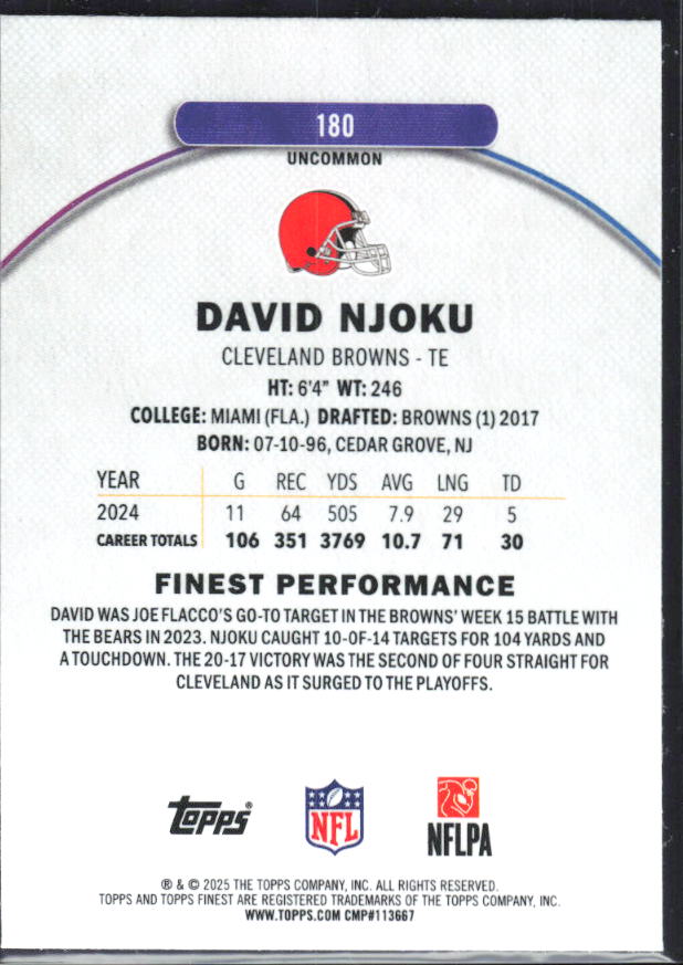 David Njoku 2025 Finest Uncommon #180 – baksida