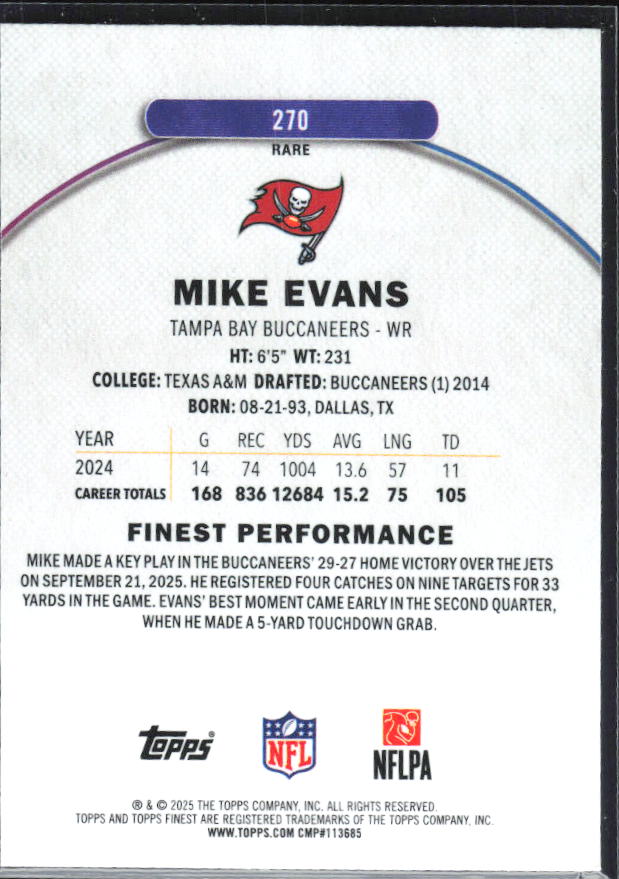 Mike Evans 2025 Finest Rare #270 – baksida