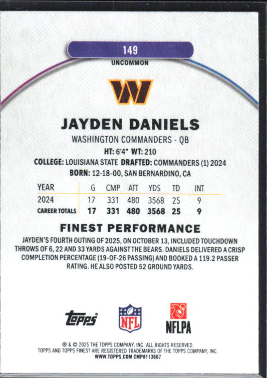 Jayden Daniels 2025 Finest Uncommon #149 – baksida