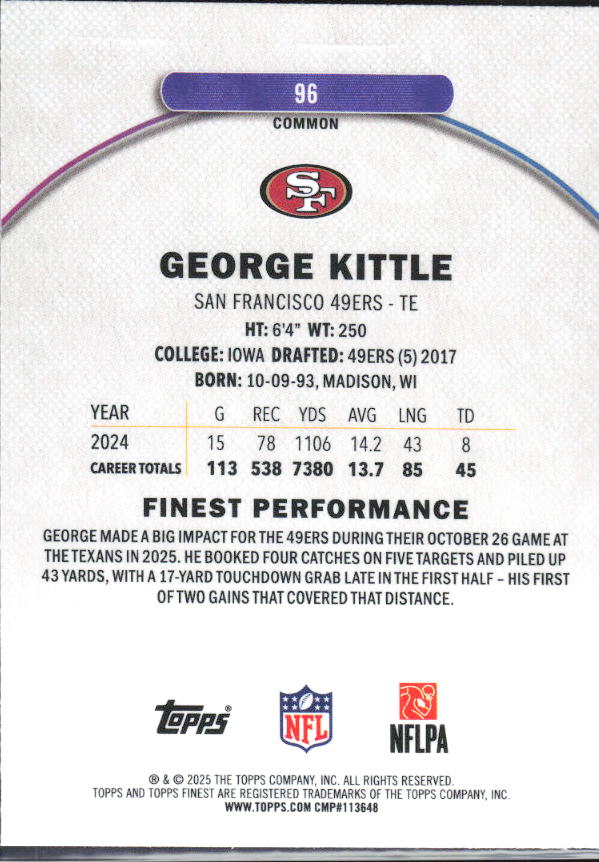 George Kittle 2025 Finest Common #96 – baksida