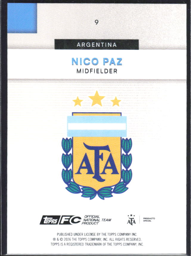 Nico Paz 2026 Argentina Team Set #9 – baksida