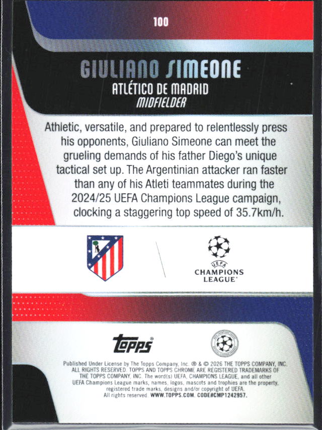 Giuliano Simeone 2025-26 Chrome UEFA #100 – baksida