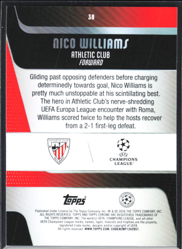 Nico Williams 2025-26 Chrome UEFA #38 – baksida