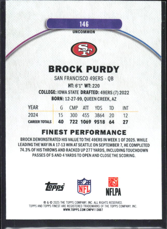 Brock Purdy 2025 Finest Uncommon #146 – baksida