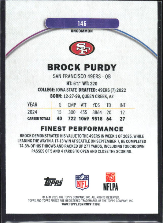 Brock Purdy 2025 Finest Uncommon #146 – baksida