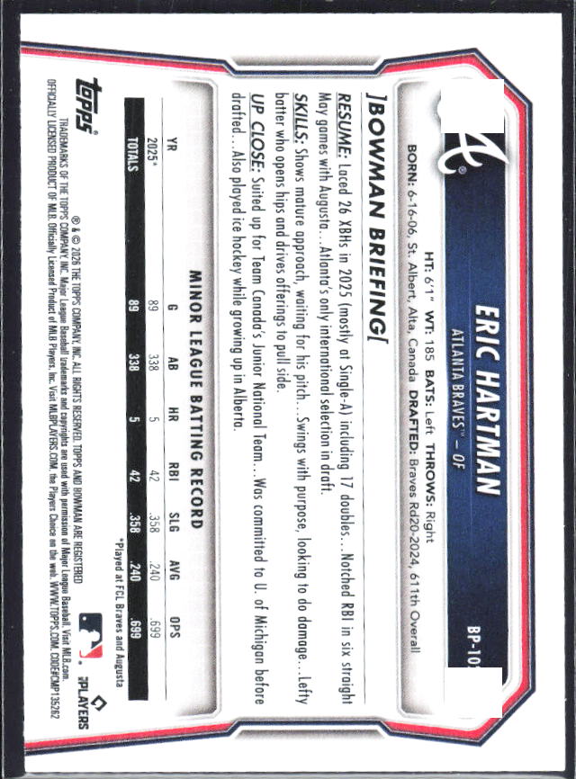 Eric Hartman 2026 Bowman 1st Prospects #BP-102 – baksida