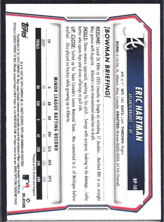 Eric Hartman 2026 Bowman 1st Prospects #BP-102 – baksida