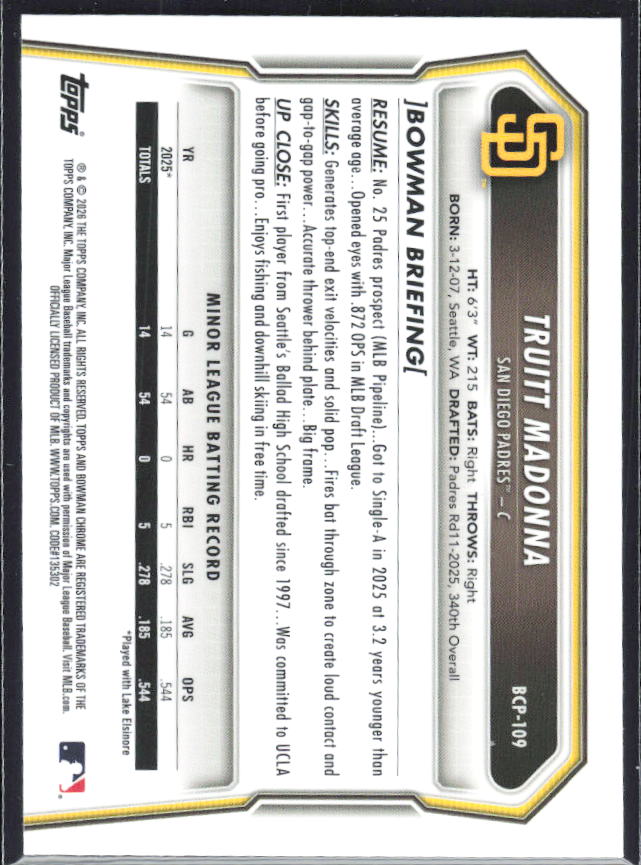 Truitt Madonna 2026 Bowman 1st Chrome Prospects #BCP-109 – baksida