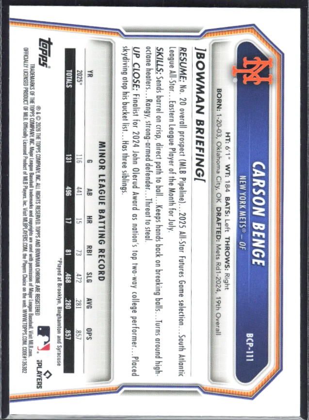 Carson Benge 2026 Bowman Chrome Prospects #BCP-111 – baksida