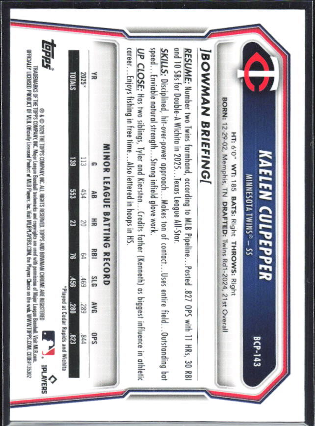 Kaelen Culpepper 2026 Bowman Chrome Prospects #BCP-143 – baksida