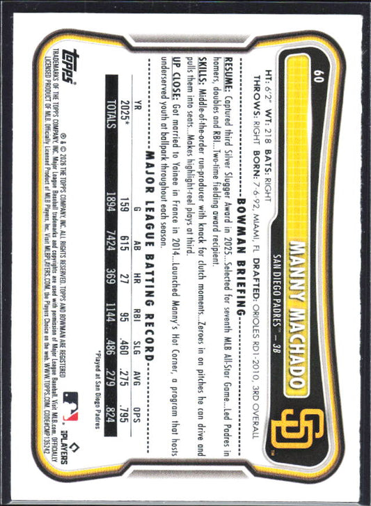 Manny Machado 2026 Bowman #60 – baksida