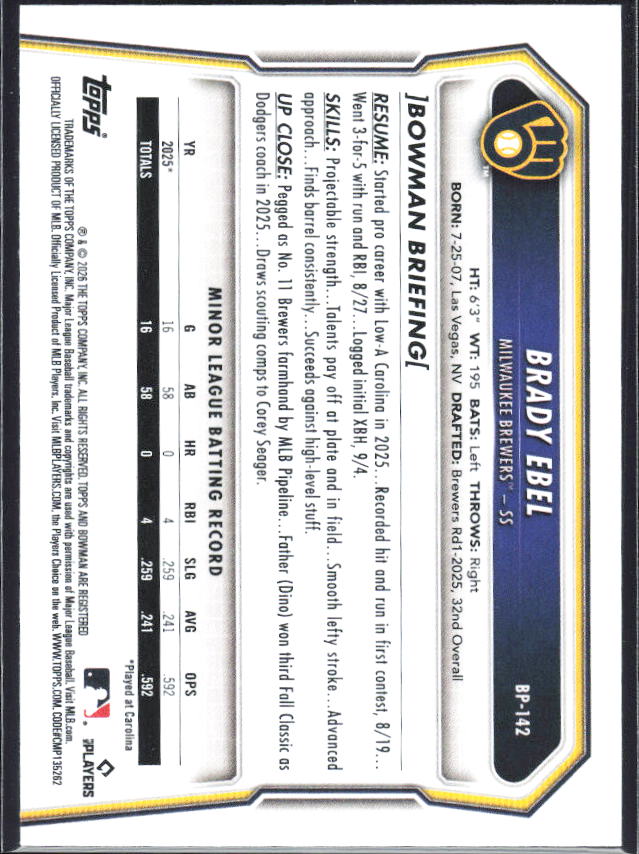 Brady Ebel 2026 Bowman Prospects #BP-142 – baksida