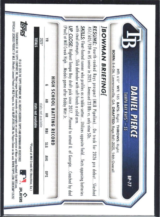 Daniel Pierce 2026 Bowman 1st Prospects #BP-77 – baksida