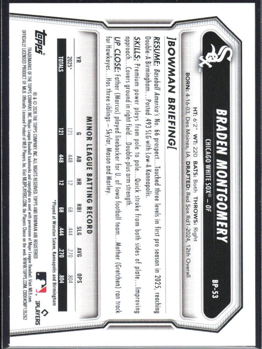 Braden Montgomery 2026 Bowman Prospects #BP-53 – baksida