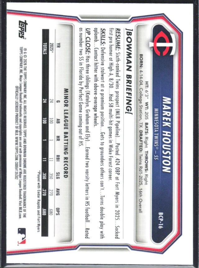 Marek Houston 2026 Bowman 1st Chrome Prospects #BCP-16 – baksida