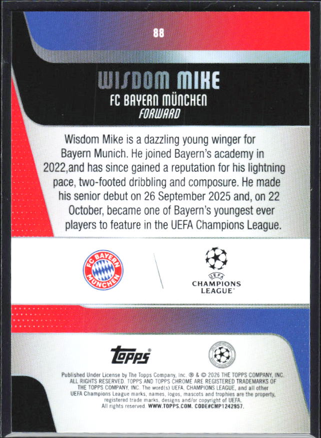 Wisdom Mike 2025-26 Chrome UEFA RC #88 – baksida