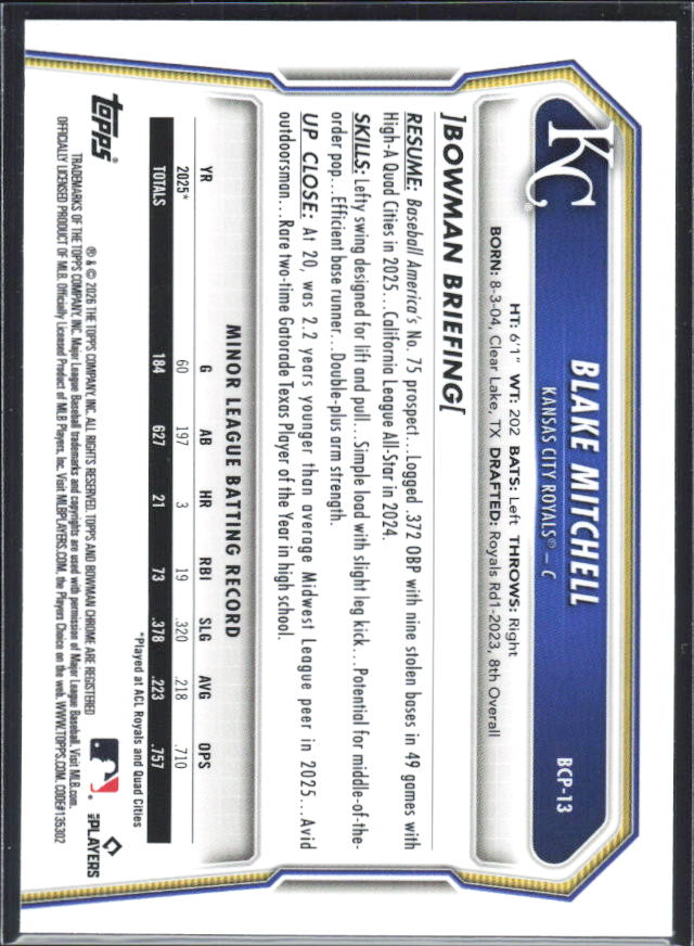 Blake Mitchell 2026 Bowman Chrome Prospects #BCP-13 – baksida