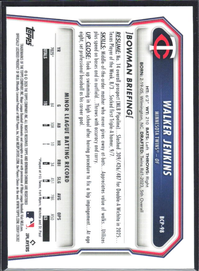Walker Jenkins 2026 Bowman Chrome Prospects #BCP-98 – baksida