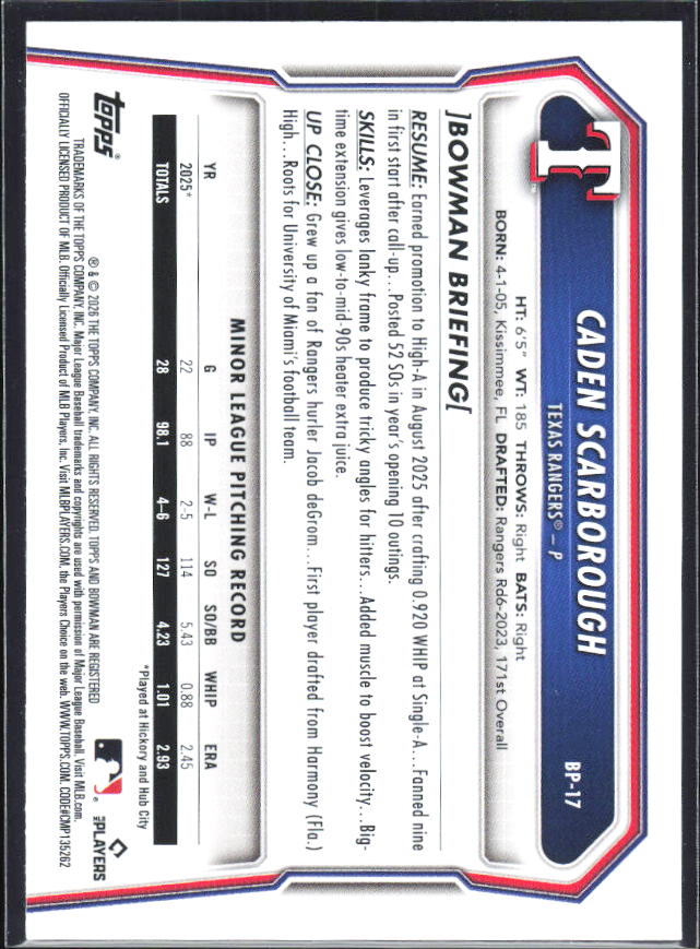 Caden Scarborough 2026 Bowman 1st Prospects #BP-17 – baksida