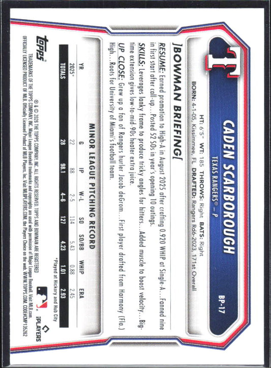 Caden Scarborough 2026 Bowman 1st Prospects #BP-17 – baksida