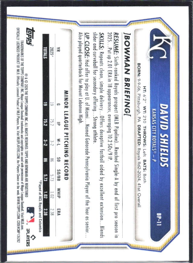 David Shields 2026 Bowman 1st Prospects #BP-11 – baksida