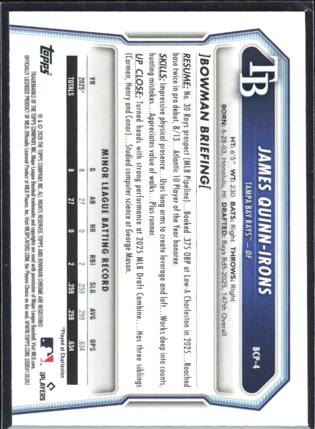 James Quinn-Irons 2026 Bowman 1st Chrome Prospects #BCP-4 – baksida