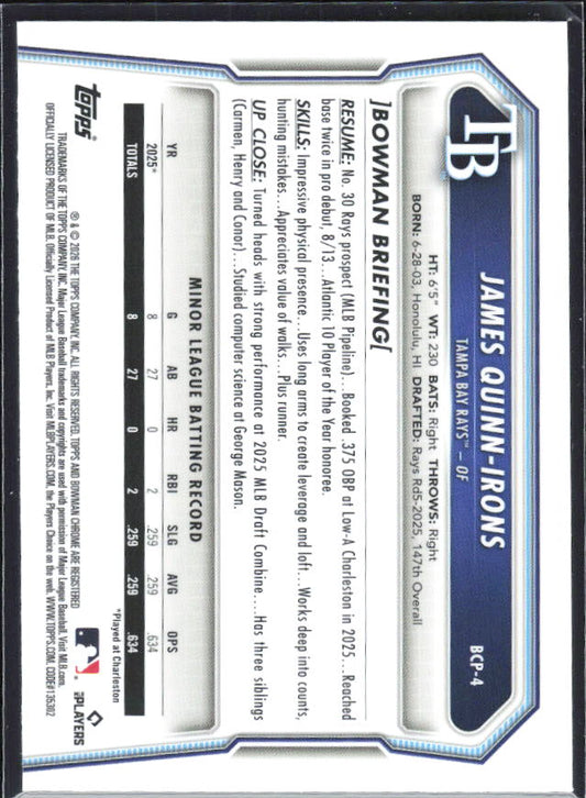 James Quinn-Irons 2026 Bowman 1st Chrome Prospects #BCP-4 – baksida