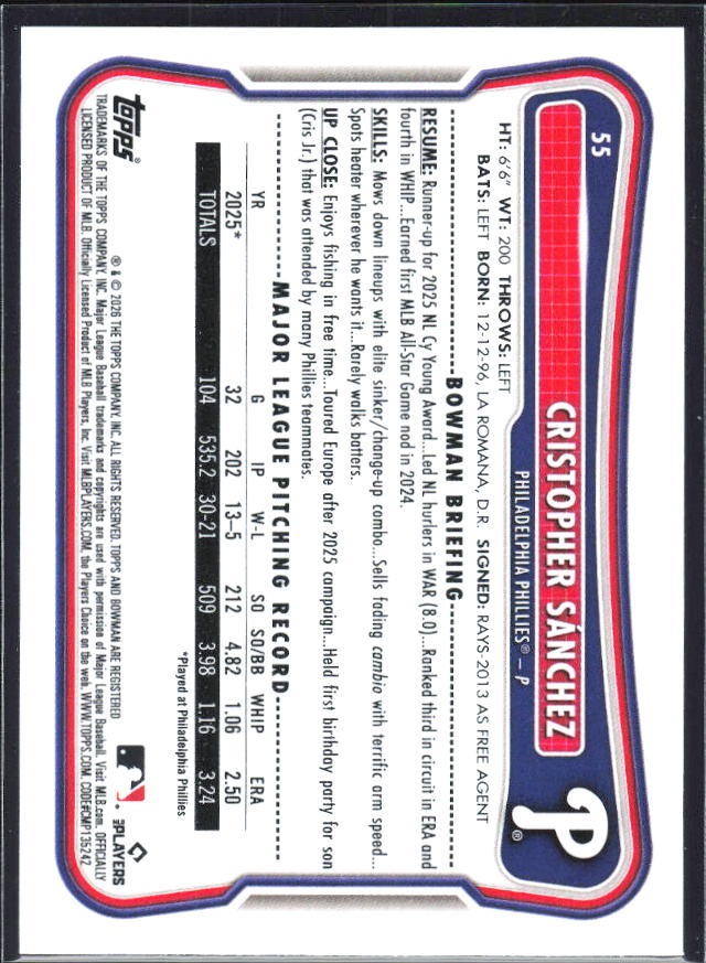 Cristopher Sánchez 2026 Bowman #55 – baksida
