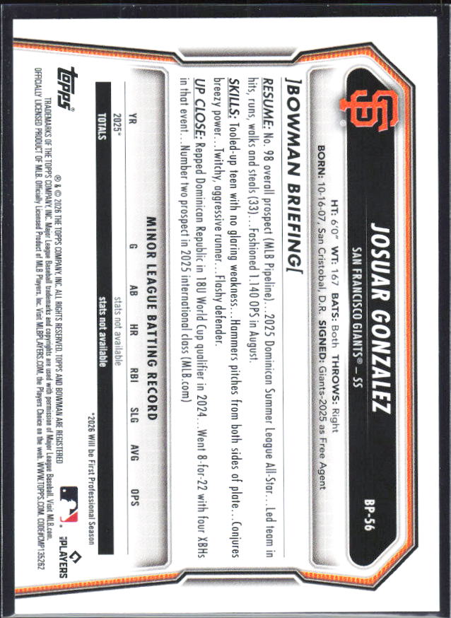 Josuar Gonzalez 2026 Bowman Prospects #BP-56 – baksida